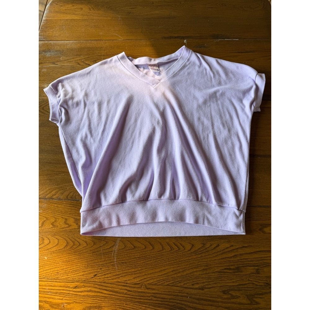 Vintage 80s Ginni's Girl Lavender V-Neck Top Banded Waist Made in USA Fits S-M